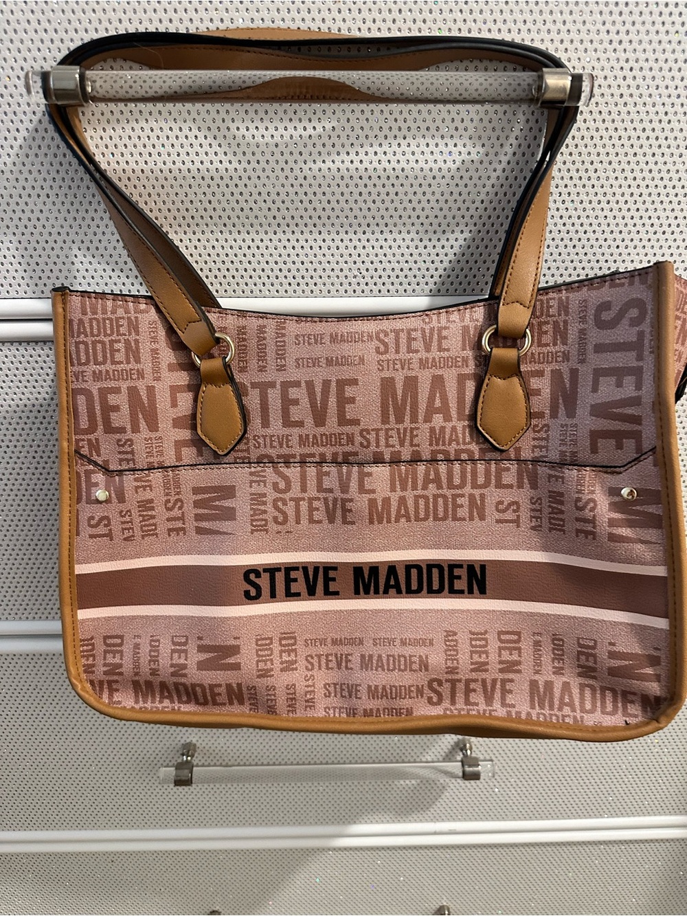 Steve Madden Pink Logo Print Tote with Tan Trim